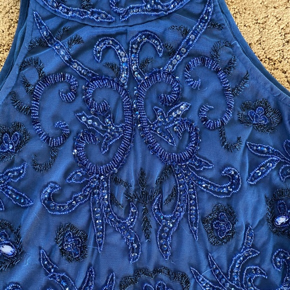 Parker Black Royal Blue Halter Embroidered Gown - Picture 4 of 8